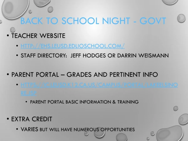 Back  to School Night -  Govt
