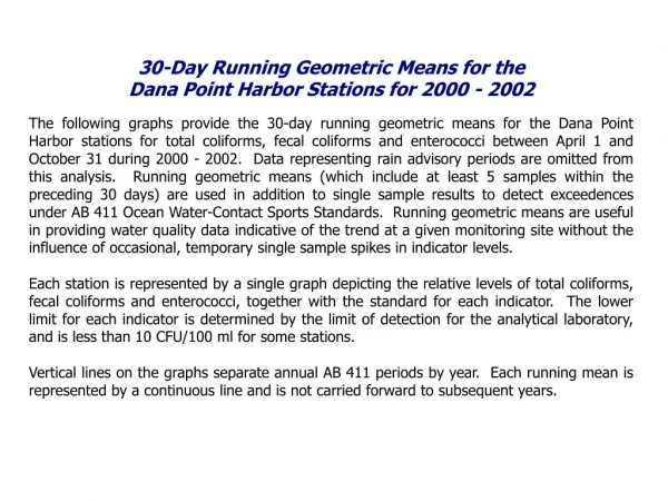 30-Day Running Geometric Means for the  Dana Point Harbor Stations for 2000 - 2002