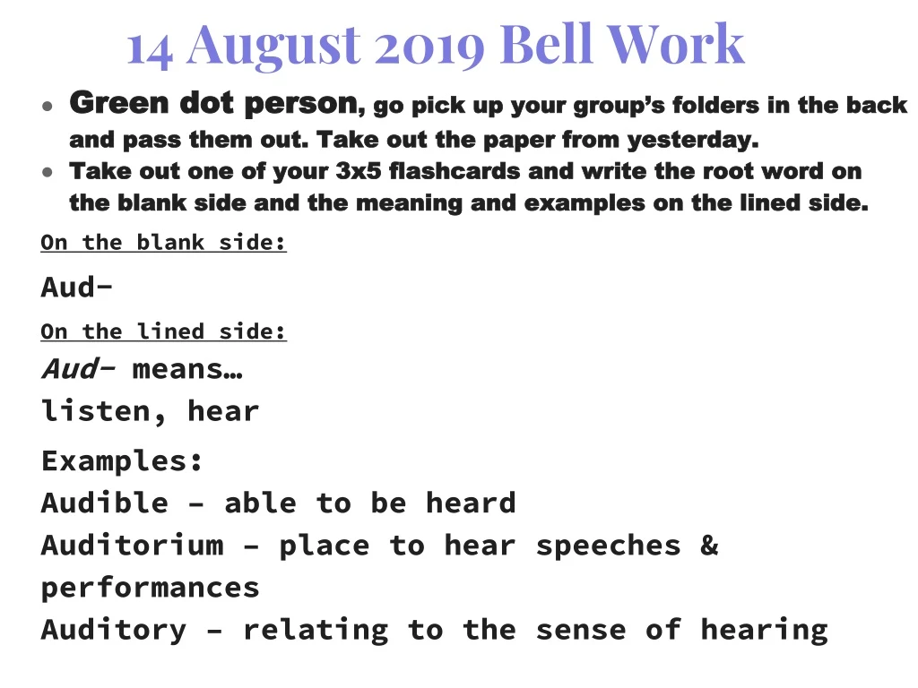 14 august 2019 bell work