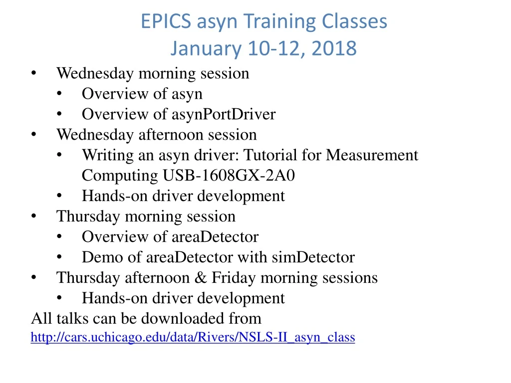 epics asyn training classes january 10 12 2018