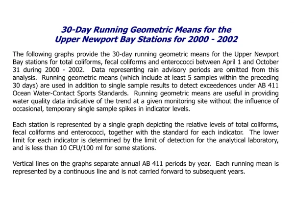 30-Day Running Geometric Means for the  Upper Newport Bay Stations for 2000 - 2002
