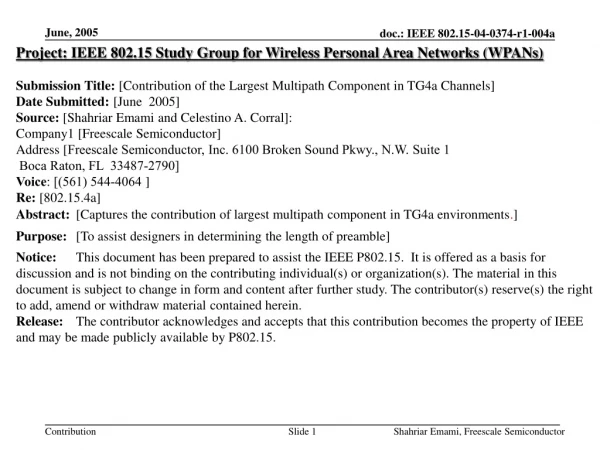 Project: IEEE 802.15 Study Group for Wireless Personal Area Networks (WPANs)