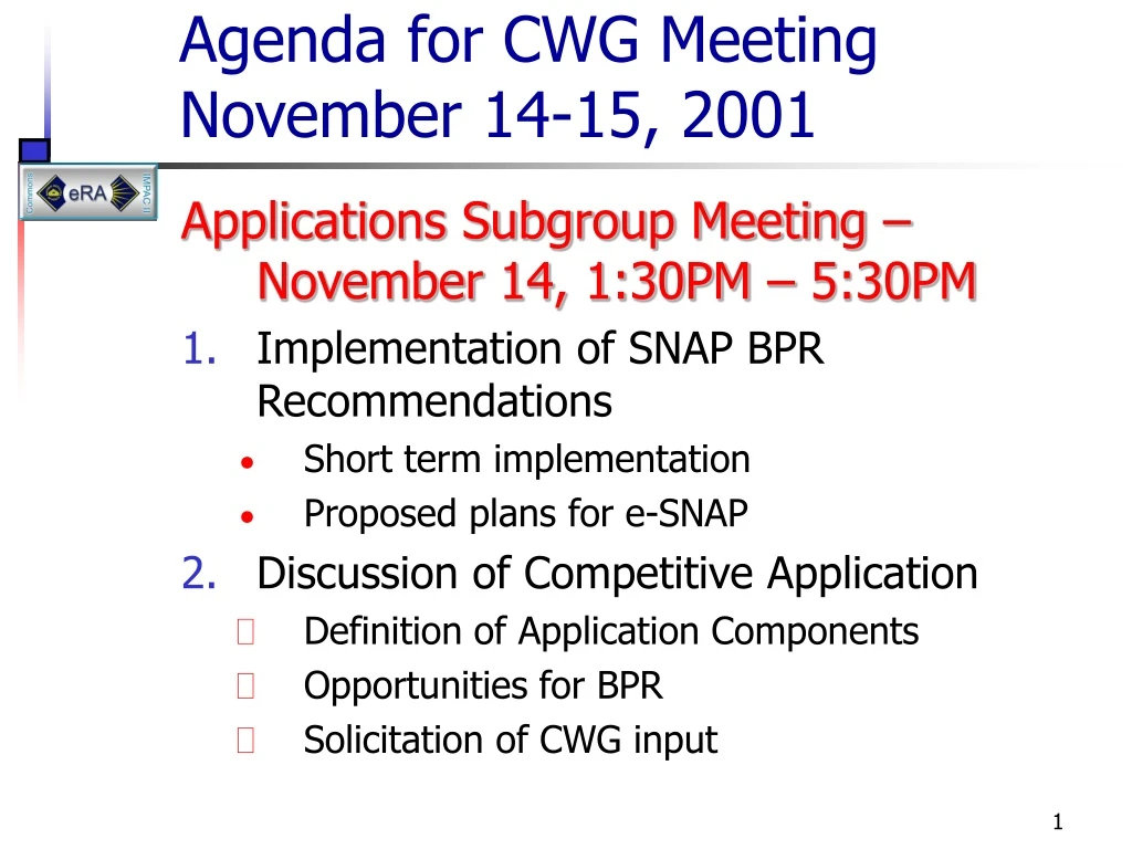 agenda for cwg meeting november 14 15 2001