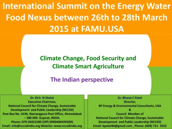 International Summit on the Energy Water Food Nexus between 26th to 28th March 2015 at FAMU.USA