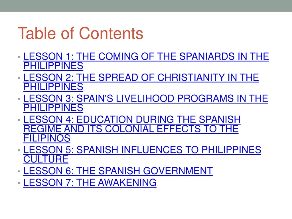 table of contents