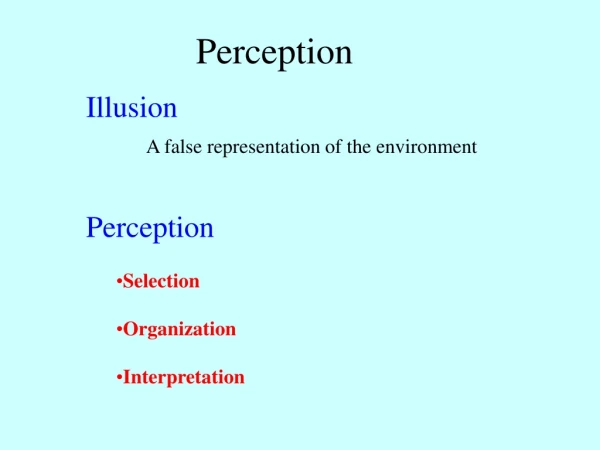 Illusion A false representation of the environment Perception Selection Organization