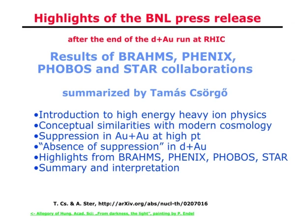 Highlights of the BNL press release