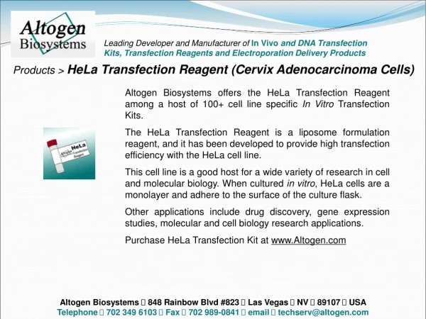 Products &gt;  HeLa Transfection Reagent (Cervix Adenocarcinoma Cells)