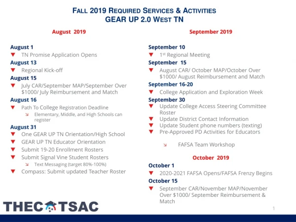 Fall 2019 Required Servi ces  &amp; Activities GEAR UP 2.0 West TN