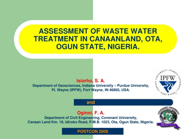 ASSESSMENT OF WASTE WATER TREATMENT IN CANAANLAND, OTA, OGUN STATE, NIGERIA.