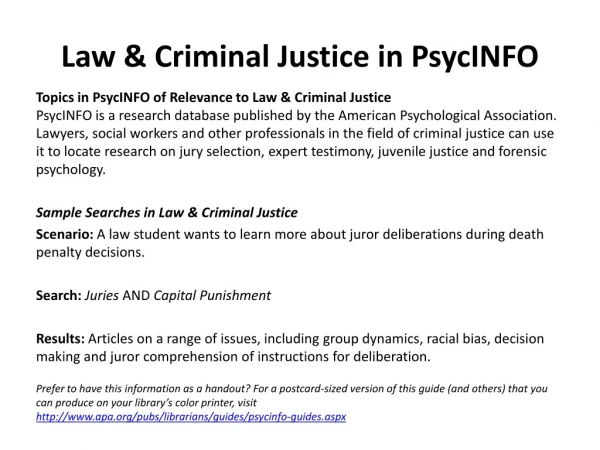 Law &amp; Criminal Justice in PsycINFO