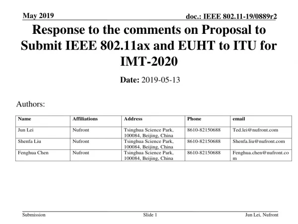 Response to the comments on Proposal to Submit IEEE 802.11ax and EUHT to ITU for IMT-2020
