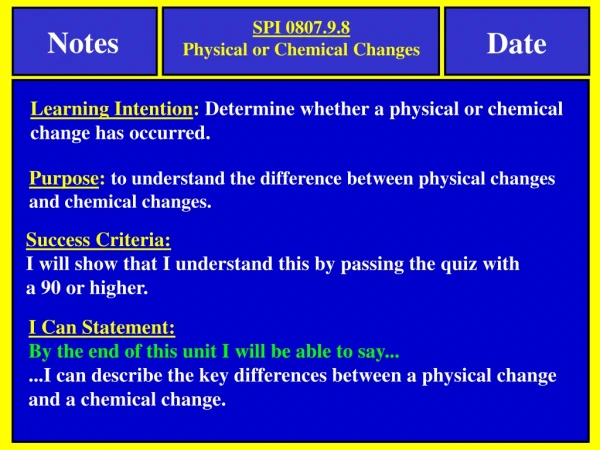 Learning Intention :  Determine whether a physical or chemical change has occurred.