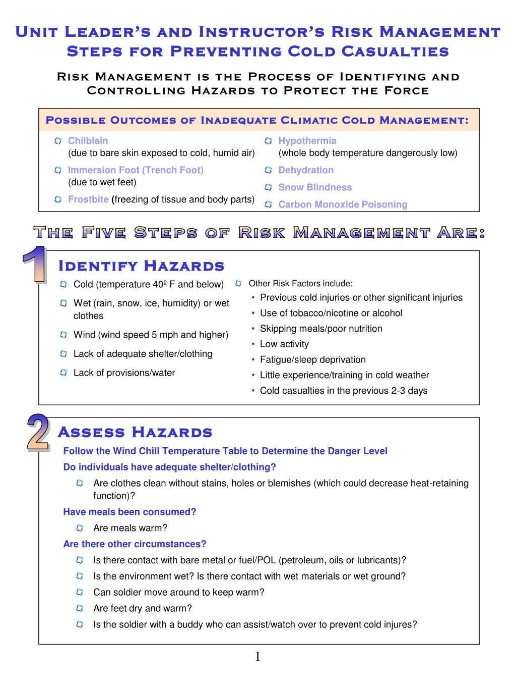 unit leader s and instructor s risk management steps for preventing cold casualties