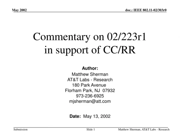 Commentary on 02/223r1 in support of CC/RR