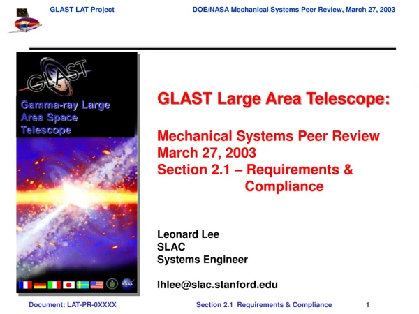 GLAST Large Area Telescope: Mechanical Systems Peer Review March 27, 2003
