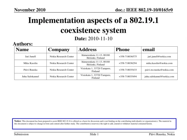 Implementation aspects of a 802.19.1 coexistence system