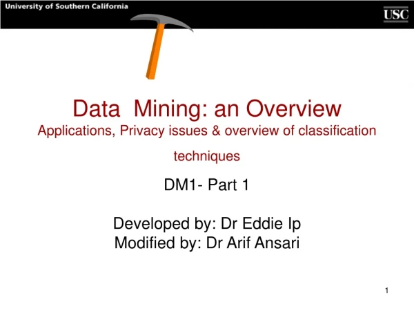 Data  Mining: an Overview  Applications, Privacy issues &amp; overview of classification techniques