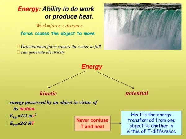 Energy:  Ability to do work 	     or produce heat. Work=force x distance