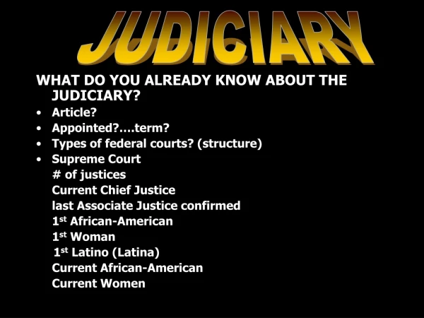 WHAT DO YOU ALREADY KNOW ABOUT THE JUDICIARY? Article? Appointed?….term?
