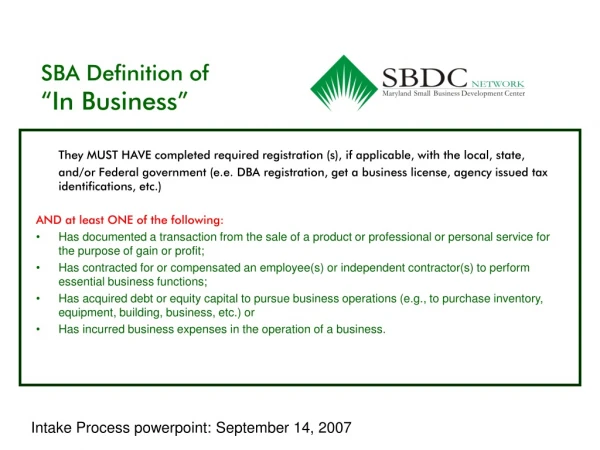 SBA Definition of  “In Business”