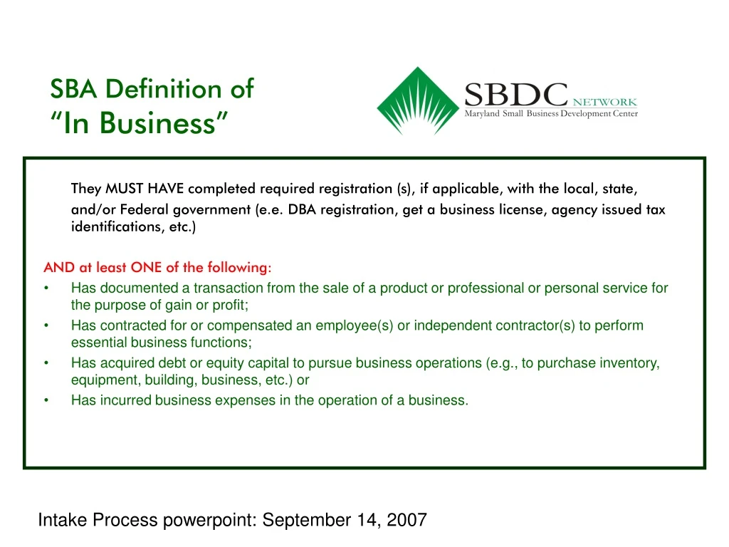 sba definition of in business