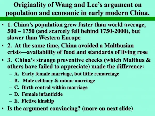 Originality of Wang and Lee’s argument on population and economic in early modern China.