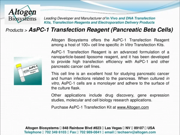 Products &gt; AsPC-1 Transfection Reagent (Pancreatic Beta Cells)