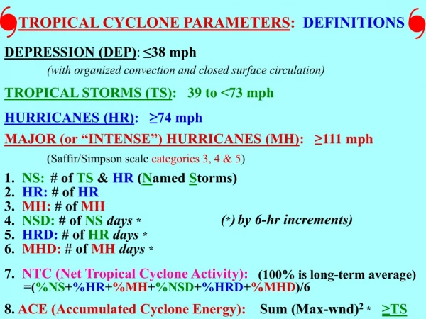 TROPICAL CYCLONE PARAMETERS :   DEFINITIONS