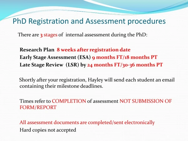 PhD Registration and Assessment procedures
