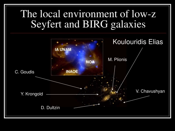 The local environment of low-z Seyfert and BIRG galaxies