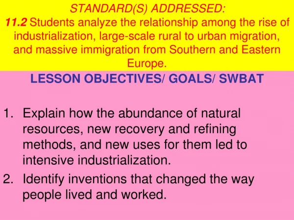 LESSON OBJECTIVES/ GOALS/ SWBAT