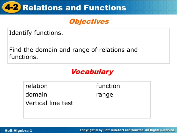 Identify functions. Find the domain and range of relations and functions.