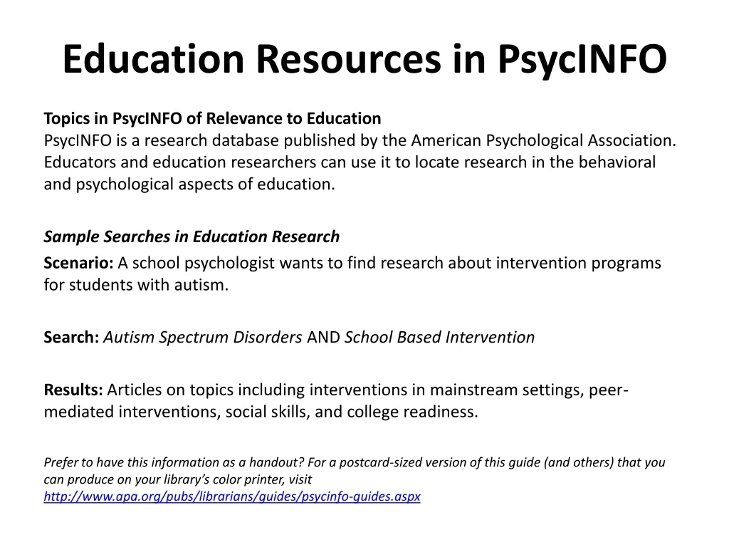 education resources in psycinfo