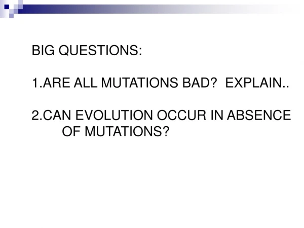 BIG QUESTIONS: ARE ALL MUTATIONS BAD?  EXPLAIN.. CAN EVOLUTION OCCUR IN ABSENCE 	OF MUTATIONS?
