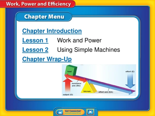 Chapter Introduction Lesson 1 	Work and Power Lesson 2 	Using Simple Machines Chapter Wrap-Up