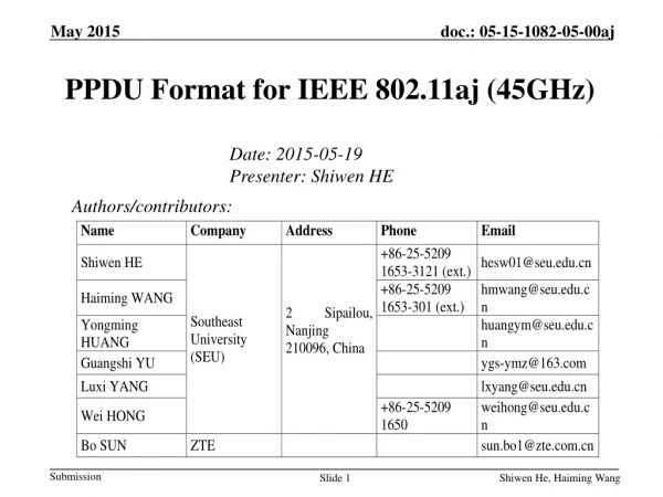 PPDU Format for IEEE 802.11aj (45GHz)