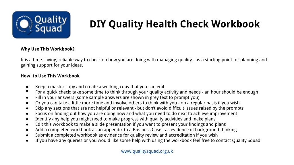 diy quality health check workbook