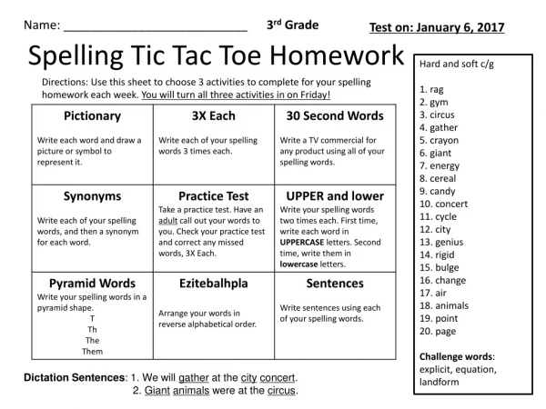 Spelling Tic Tac Toe Homework