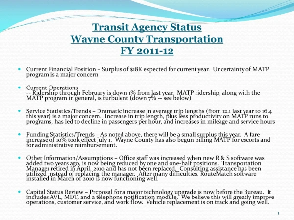 Transit Agency Status Wayne County Transportation FY 2011-12