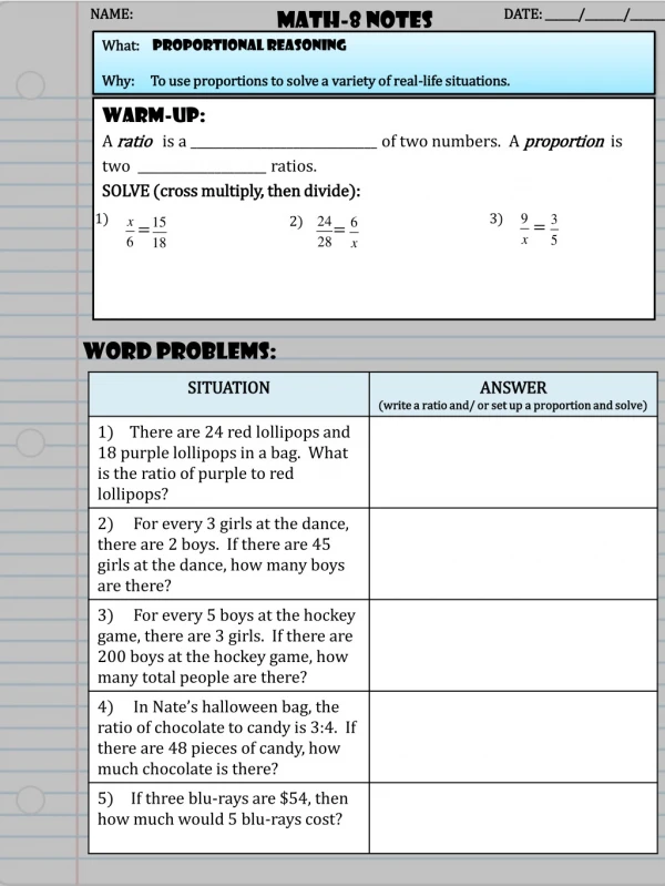 Warm-up: A  ratio    is a _____________________________ of two numbers.  A  proportion   is