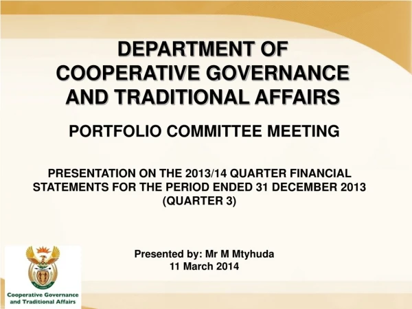 DEPARTMENT OF  COOPERATIVE GOVERNANCE AND TRADITIONAL AFFAIRS
