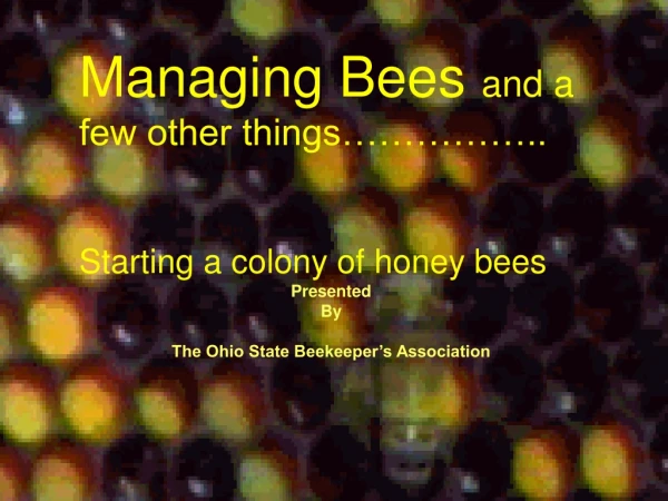 Managing Bees  and a few other things…………….. Starting a colony of honey bees Presented By