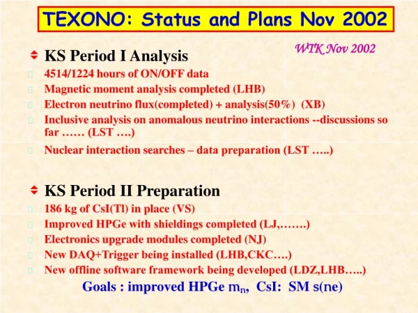 TEXONO: Status and Plans Nov 2002
