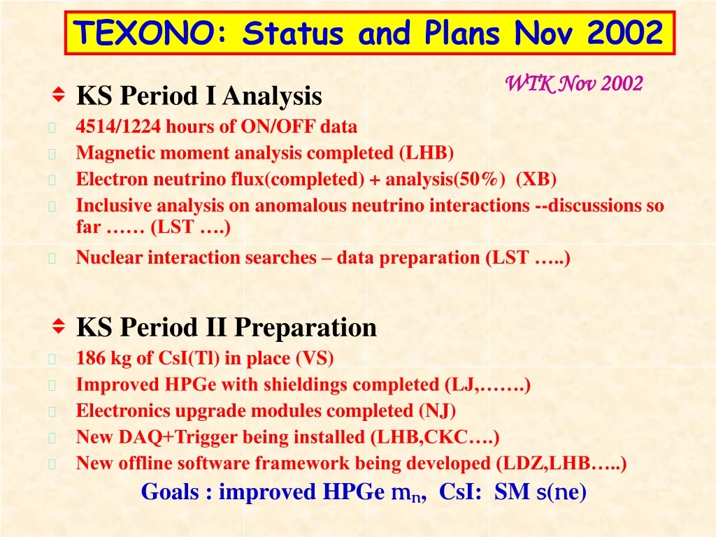 texono status and plans nov 2002