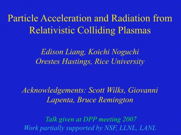 Particle Acceleration and Radiation from Relativistic Colliding Plasmas