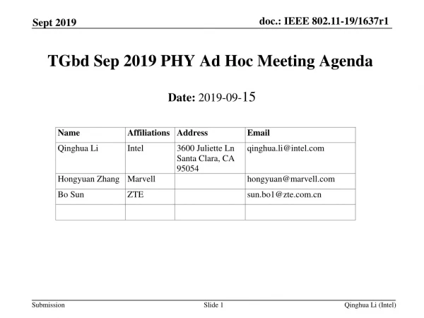 TGbd Sep 2019 PHY Ad Hoc Meeting Agenda