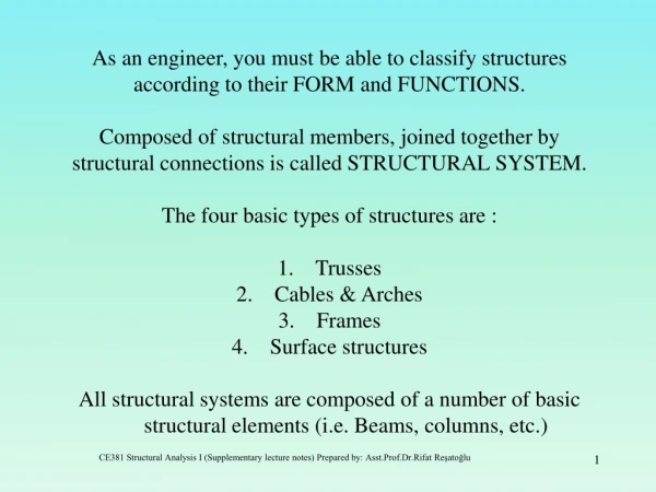 As an engineer, you must be able to classify structures according to their FORM and FUNCTIONS.