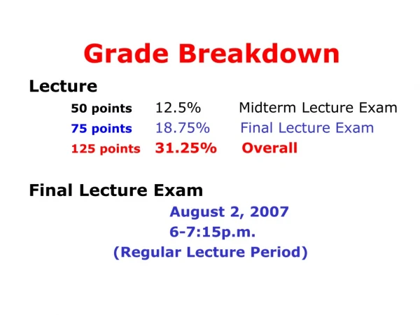 Lecture 50 points 12.5% 	Midterm Lecture Exam 75 points 18.75%      Final Lecture Exam