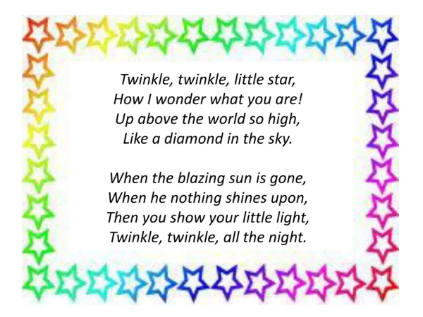 Twinkle, twinkle, little star, How I wonder what you are! Up above the world so high,